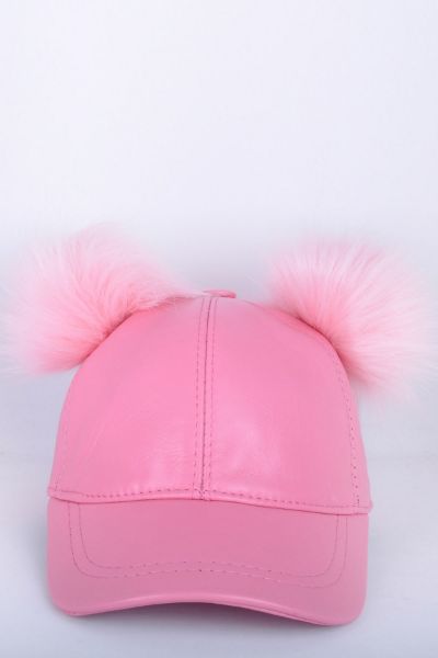 Pembe Çift Ponponlu Deri Şapka