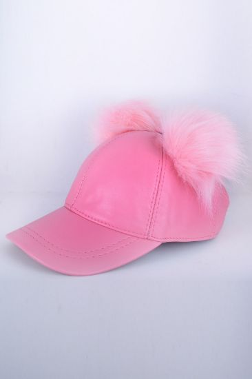Pembe Çift Ponponlu Deri Şapka