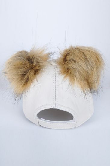 Beyaz Çift Ponponlu Deri Şapka