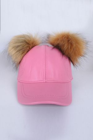 Pembe Çift Ponponlu Deri Şapka