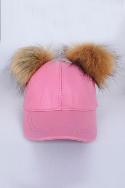 Pembe Çift Ponponlu Deri Şapka