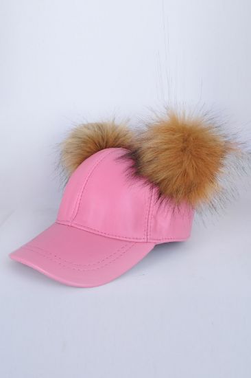 Pembe Çift Ponponlu Deri Şapka
