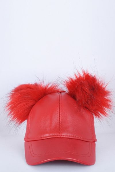 Kırmızı Çift Ponponlu Deri Şapka