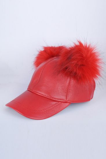 Kırmızı Çift Ponponlu Deri Şapka