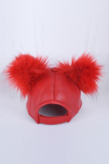 Kırmızı Çift Ponponlu Deri Şapka