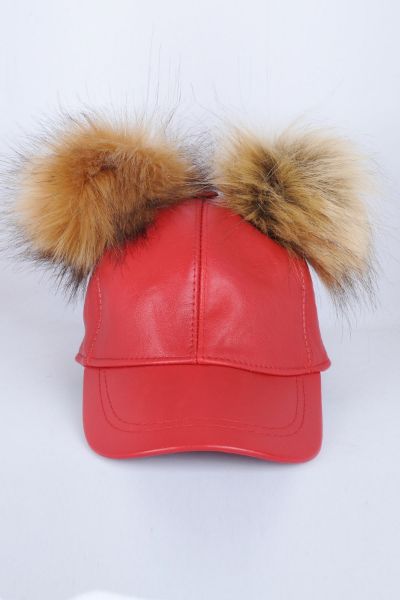 Kırmızı Çift Ponponlu Deri Şapka