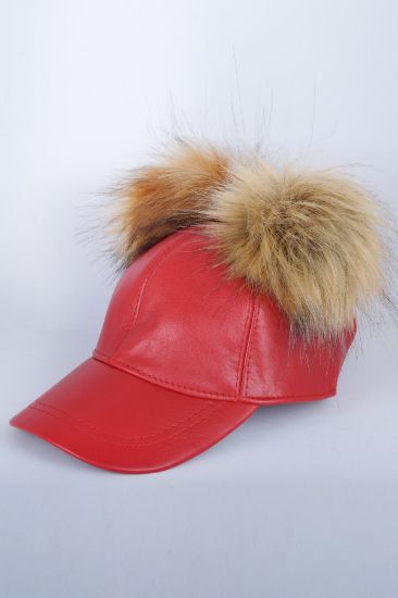 Kırmızı Çift Ponponlu Deri Şapka