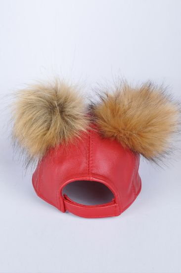 Kırmızı Çift Ponponlu Deri Şapka