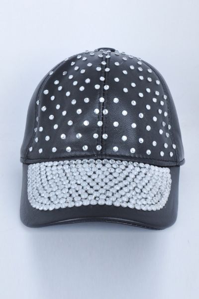 Taşlı Siyah Deri Şapka