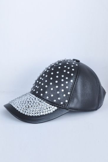 Taşlı Siyah Deri Şapka