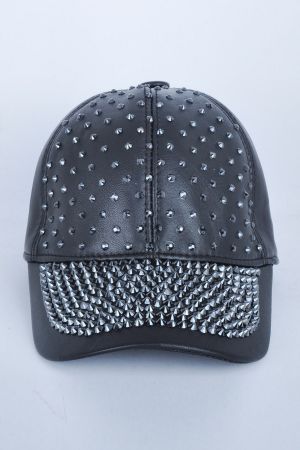 Taşlı Siyah Deri Şapka