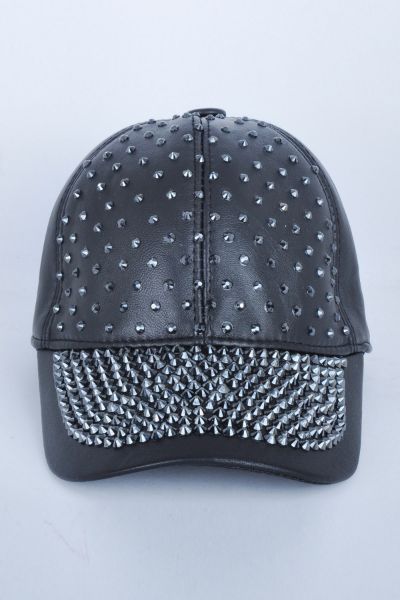 Taşlı Siyah Deri Şapka