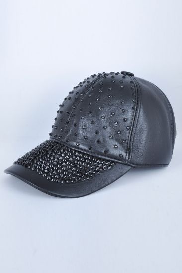 Siyah Taşlı Siyah Deri Şapka