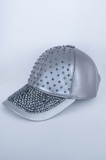 Taşlı Gümüş Deri Şapka