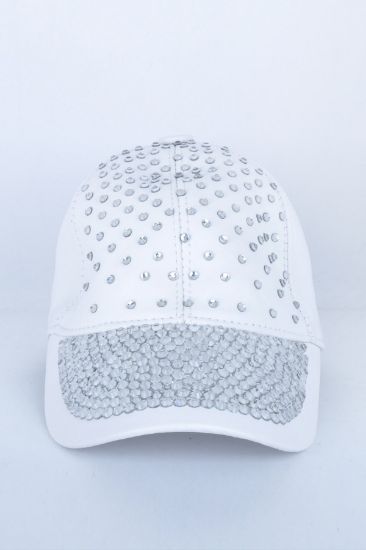 Çok Taşlı Beyaz Deri Şapka