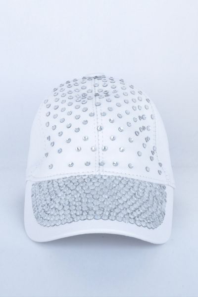 Çok Taşlı Beyaz Deri Şapka