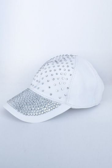 Çok Taşlı Beyaz Deri Şapka