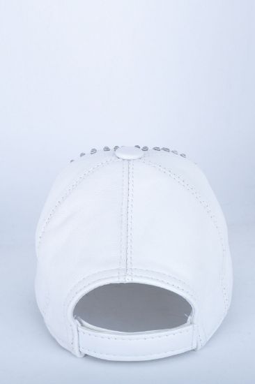 Çok Taşlı Beyaz Deri Şapka