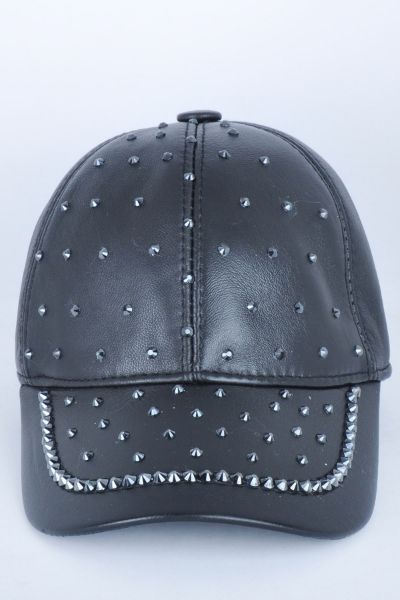 Taşlı Siyah Deri Şapka