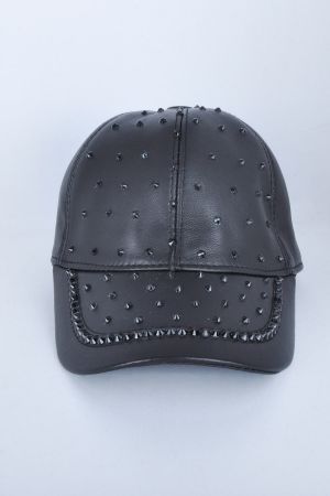 Siyah Taşlı Siyah Deri Şapka