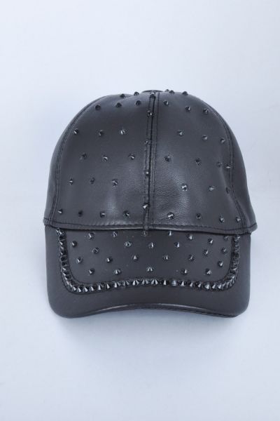 Siyah Taşlı Siyah Deri Şapka