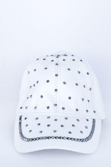 Taşlı Beyaz Deri Şapka