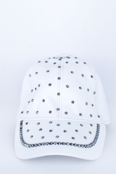 Taşlı Beyaz Deri Şapka