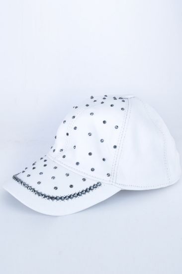 Taşlı Beyaz Deri Şapka