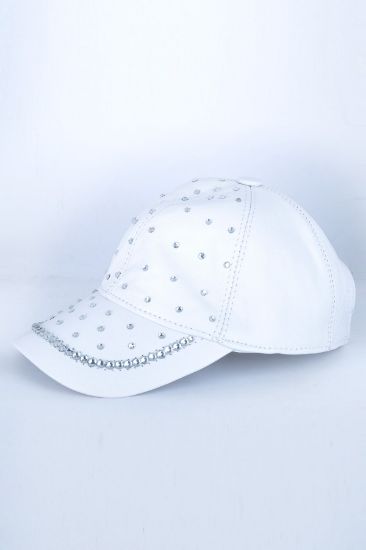 Az Taşlı Beyaz Deri Şapka