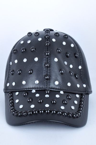 Taşlı Boncuklu Siyah Deri Şapka
