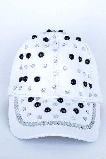 Taşlı Boncuklu Beyaz Deri Şapka