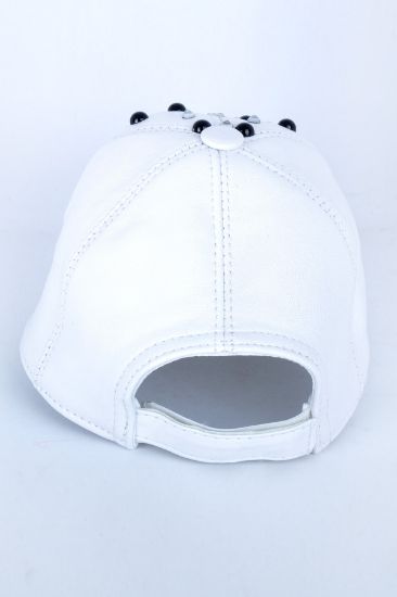 Taşlı Boncuklu Beyaz Deri Şapka