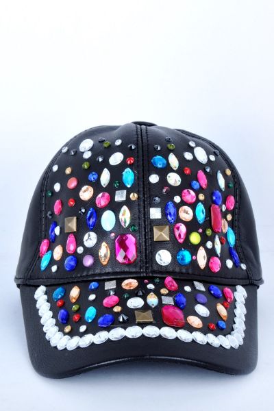 Renkli Taşlı Siyah Deri Şapka