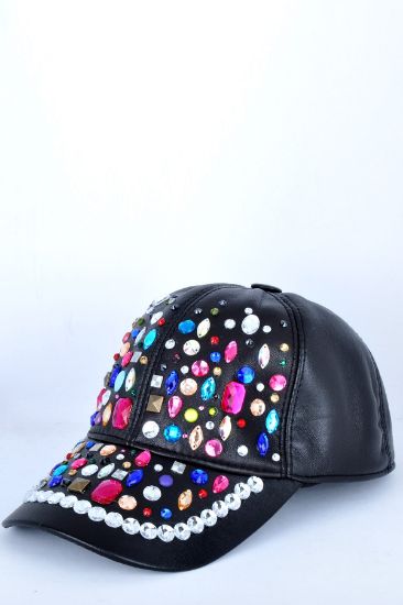 Renkli Taşlı Siyah Deri Şapka