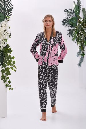Siyah Saten Desenli Pijama Takımı
