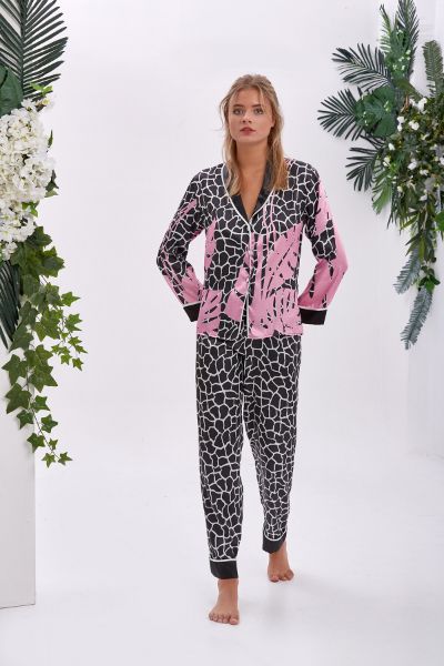 Siyah Saten Desenli Pijama Takımı