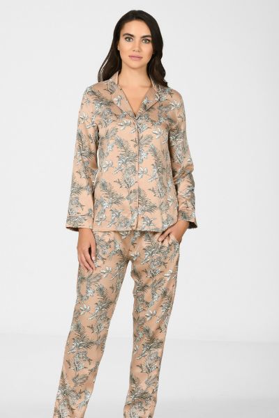Capuccino Çiçek Desenli Yakalı Saten Pijama Takımı
