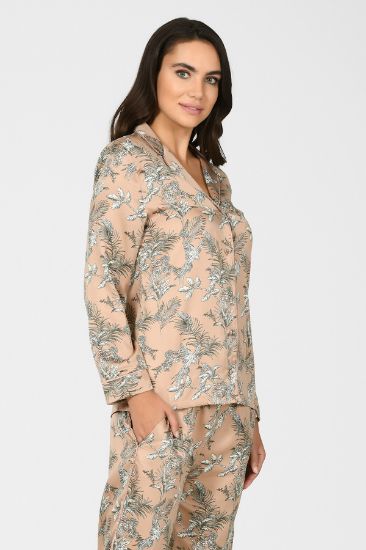Capuccino Çiçek Desenli Yakalı Saten Pijama Takımı