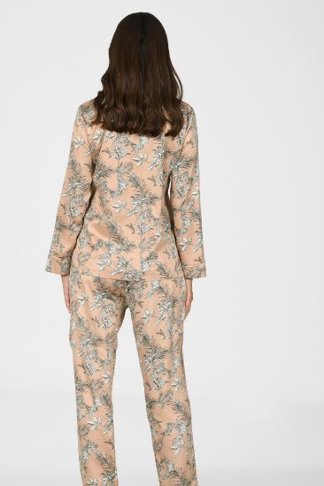 Capuccino Çiçek Desenli Yakalı Saten Pijama Takımı