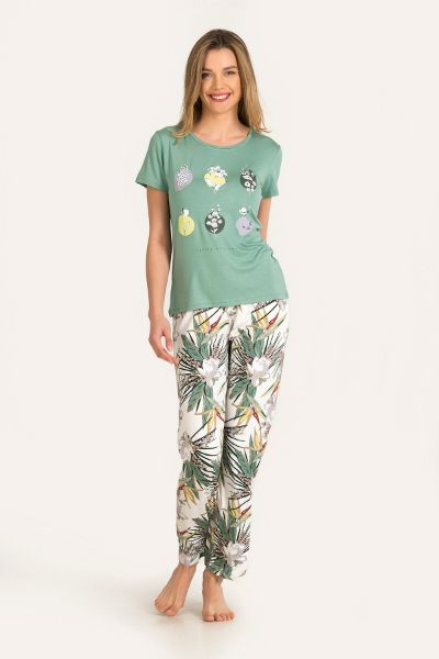 Yeşil Blossoms Çiçekli Kısa Kollu Pijama Takımı