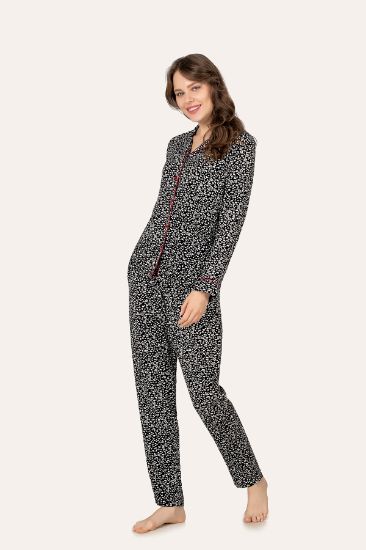 Siyah Beyaz Benekli Düğmeli Pijama Takımı