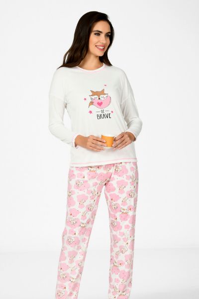 Ekru Pembe Tilki Desenli Pijama Takımı