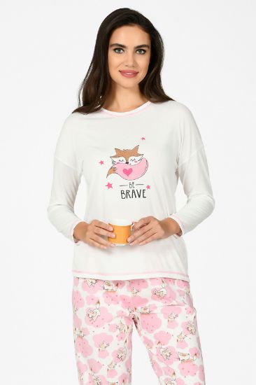 Ekru Pembe Tilki Desenli Pijama Takımı