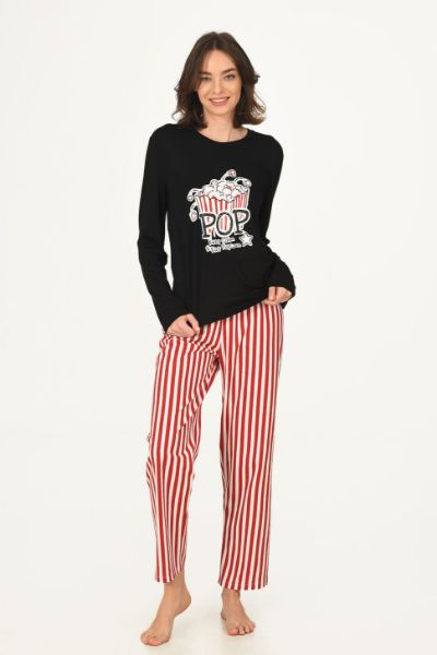 Siyah Pop Corn Kırmızı Çizgili Pijama Takımı