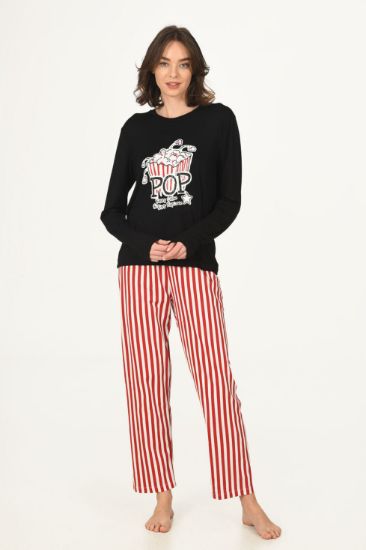 Siyah Pop Corn Kırmızı Çizgili Pijama Takımı
