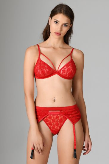 Kırmızı Jartiyerli Dantelli Kapsız Sütyen String Takım