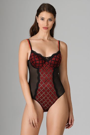 Siyah Kırmızı Dantelli Tüllü Kaplı Body