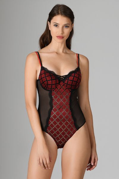 Siyah Kırmızı Dantelli Tüllü Kaplı Body